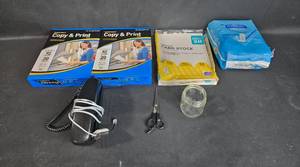 lot 95 image: Lot of Office Supplies 2 Reams of Copy Paper, Card Stock, Bladder Pads, Scissors & Telephone