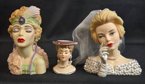 lot 123 image: Collection of 3 Vintage Cameo Girl Busts - 1926 Flapper, 1960 Bridal & Hat Lady