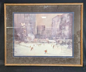 lot 141 image: Framed Limited Edition Print by Lou Roman - Winter Ice Skating Scene - 487650