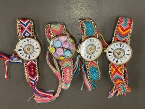 lot 9 image: Set of 4 Colorful Bohemian Style Wristwatches with Woven Bands