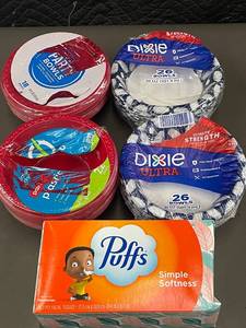 lot 209 image: Group of 4 Packages of Dixie Ultra Disposable Bowls and Puffs Facial Tissues
