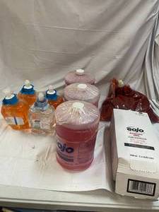 lot 187 image: q1- 5 gallons of gojo hand cleaner. 1 lotion soap, 3 42oz foaming antimicrobial handwash refills and 1 40.5oz Purell refill