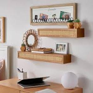lot 45 image: Lot of StyleWell Natural Wood Floating Wall Shelves with Rattan Caning Detail (Set of 2) Customer Returns See Pictures