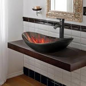 lot 48 image: Puluomis Black and Red Glass Oval Vessel Sink with Faucet Pop Up Drain Set   Customer Returns See Pictures