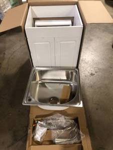 lot 17 image: Glacier Bay 24 in. W x 21 in. D x 34 in. L Stainless Steel LaundryUtility Sink with Faucet and Cabinet in White Damaged  Customer Returns See Pictures