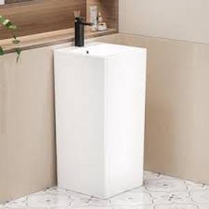 lot 3 image: Eridanus Turner Vitreous China 33 in. Tall Square Free Standing Pedestal Sink with Faucet Hole and Overflow in Crisp White  Customer Returns See Pictures