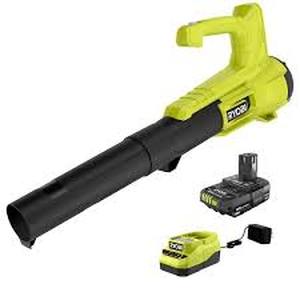 lot 38 image: RYOBI ONE 18V 90 MPH 250 CFM Cordless Battery Leaf BlowerSweeper with 2.0 Ah Battery and Charger Customer Returns See Pictures