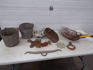 Vintage Pails, Hardware and Silage Fork heads