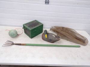 Vintage Fish Net, Duck Decoy, Buoy, Bait Box and Spear