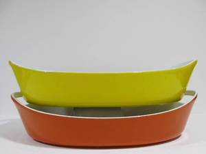 lot 17 image: (2) Excellent COPCO Cast Iron Enamel Danish Casserole Dishes - Orange & Yellow