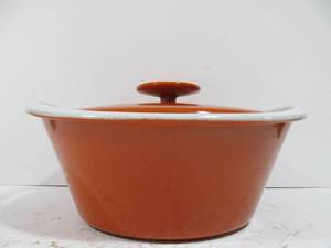 lot 31 image: Very Nice Vintage Danish Modern COPCO Cast Iron Orange Enamel Lidded Pot #1
