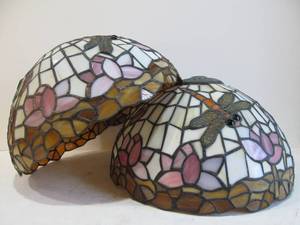 lot 122 image: Matching Pair of Tiffany Style Stained Glass Lamp Shades wDragonfly Design