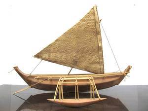 lot 56 image: Larger Vintage Handmade Hawaiian Outrigger Wooden Boat Display wSail