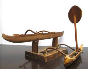 lot 55 image: 2 Vintage Handmade Hawaiian Outrigger Wooden Boat Displays