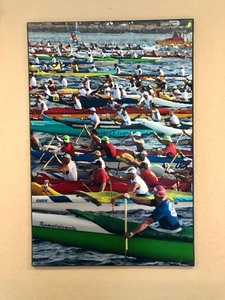 lot 95 image: Very Nice Hawaii KayakCanoe Boat Race Photo Artwork on Thick Wood Backing #2
