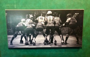 lot 135 image: Large Black White Artistic Photo Print on Thick Wood Backing - Roller Derby