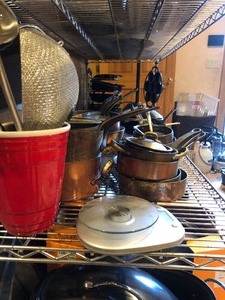Contents of Single Kitchen Shelf #2 - Copper Cookware Cast Iron etc