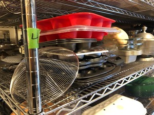Contents of Single Kitchen Shelf #4 - Cookware Baking Items Stainless Steel etc