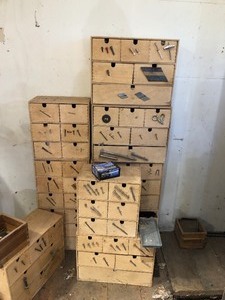 lot 203 image: Large Group of Dovetailed Wood Hardware Organizer BoxesDrawers wHardware