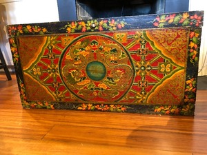 lot 201 image: Wonderful Antique Hand Painted & Chip Carved Tibetan Trunk