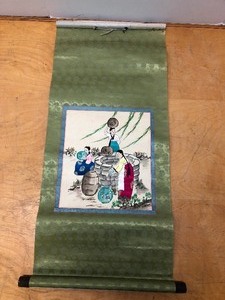 lot 281 image: Antique Hand Painted & Embroidered Silk Orient Scroll Artwork