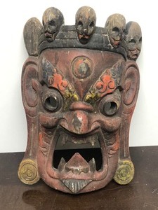 lot 291 image: Vintage Carved & Painted Tibetan Wood Mask #1