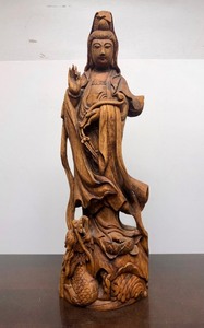 lot 294 image: Large Vintage Carved Standing Buddha Figure wExcellent Detail