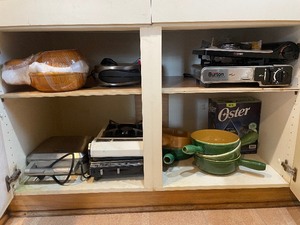lot 114 image: Entire Contents of Cabinet - Portable Stoves - Small Appliances & Ceramic Cookware Items