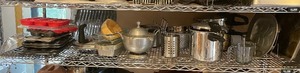 lot 174 image: Contents of Single Kitchen Shelf #4 - Cookware Baking Items Stainless Steel etc