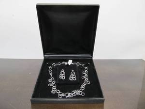lot 349 image: 14K White Gold Interlocking Ring Necklace & Earring Set