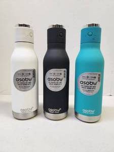 lot 323 image: Lot of 3 Unused ASOBU Metal Water Bottle wBuilt-In Bluetooth Speakers