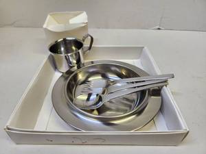 lot 329 image: Mid Century Signed GEORG JENSEN Unused Stainless Steel Picnic Set
