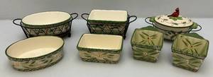 lot 110 image: Misc. Temp-tations Presentable Ovenware By Tara  Small Casserole Dishes Some With Wire Racks  Including  Old World Green & Christmas Pattern