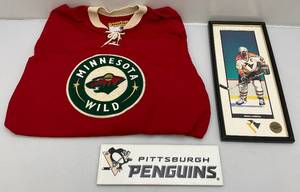 lot 102 image: Misc. Vintage Hockey Items Including Pittsburgh Penguins & Minnesota Wild Jersey Size XL