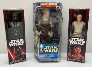 lot 137 image: Misc. 12 STAR WARS Action FiguresIncluding Darth Vader, Rey & Dengar (NIB) Boxes Beat Up A Little
