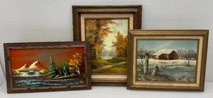 lot 201 image: Misc. Framed Original Paintings 1 16 34 x 20 34 Cabin Scene, 1 19 x 23 Landscape & 1 Velvet 14 x 23