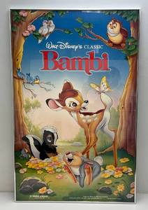 lot 207 image: 1942 Walt Disneys Classic (Bambi) Movie Poster (With Fold) Framed Behind Glass With Brushed Aluminum Frame 25 x 39 14 (Cracked Glass Lower Left)
