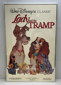 lot 208 image: 1955  Walt Disneys Classic (Lady & The Tramp) Movie Poster (Has Fold Marks) Framed Behind Glass With Brushed Aluminum Frame 25 x 39 14
