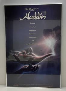lot 220 image: Vintage Walt Disneys Pictures Presents (Aladdin) Movie Poster Framed Behind Glass With Brushed Aluminum Frame 27 14 x 40 14