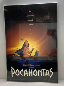 lot 225 image: Vintage Walt Disneys Pictures Presents (Pocahontas) Movie Poster Framed Behind Glass With Brushed Aluminum Frame 27 14 x 40 14 (Broken Glass Lower Left Corner)