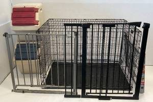 lot 244 image: Large Metal Collapsible Dog Kennel, Child Gates & Stackable Blitz Brand Dog Food Storage Bins