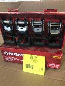lot 23 image: Husky 16 ft. 1.25 in. Ratchet Tie-Down Straps with S-Hook (4-Pack) Customer Returns See Pictures