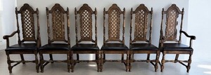 lot 4 image: CHECK OUT THIS SET OF 6 VINTAGE SPANISH BAROQUE DINNING CHAIRS WBLACK LEATHER UPHOLSTERY