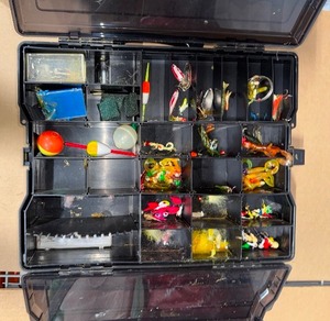 lot 6 image: TACKLE BOX WITH MANY LURES HOOKS WEIGHTS AND FLYS