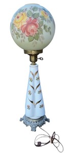 lot 11 image: Vintage Gone with the Wind Style Hand-Painted Floral Glass Globe Lamp with Ornate Brass Base
