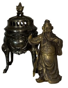 lot 25 image: Antique Brass Incense Burner & Guan Yu Warrior Statue Set  Intricate Design