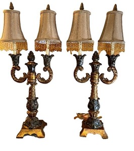 lot 37 image: Pair of Vintage Ornate Brass Candelabra Table Lamps with Beaded Shades