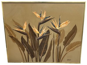 lot 42 image: Vintage Letterman Tropical Bird of Paradise Painting 60x44 - Mid-Century Modern Art