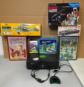 lot 51 image: Random Lot of  Vintage Board Games, PS3 Rapala Pro Bass Fishing, Xbox Console, Model Kits, and Collectibles