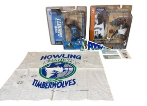 lot 53 image: Minnesota Timberwolves Collectibles Lot - Kevin Garnett Figures, Howling Hanky, Vintage Game Tickets, Pooh Richardson Pennant